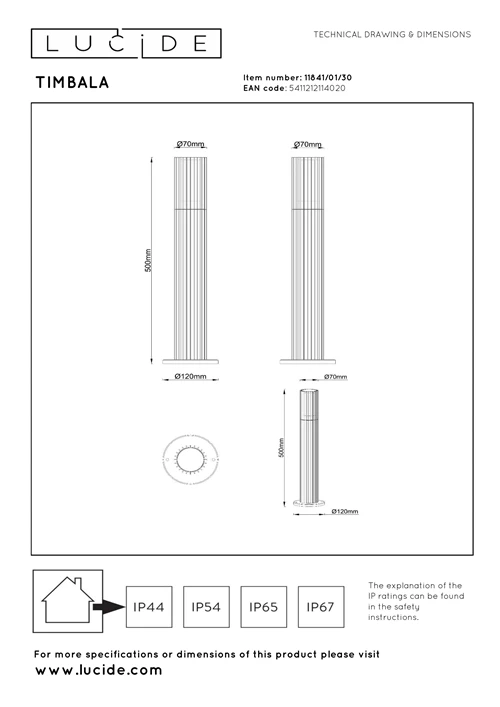 Lucide TIMBALA - Sokkellamp - 1xGU10 - IP44 - Zwart | Essential - technisch